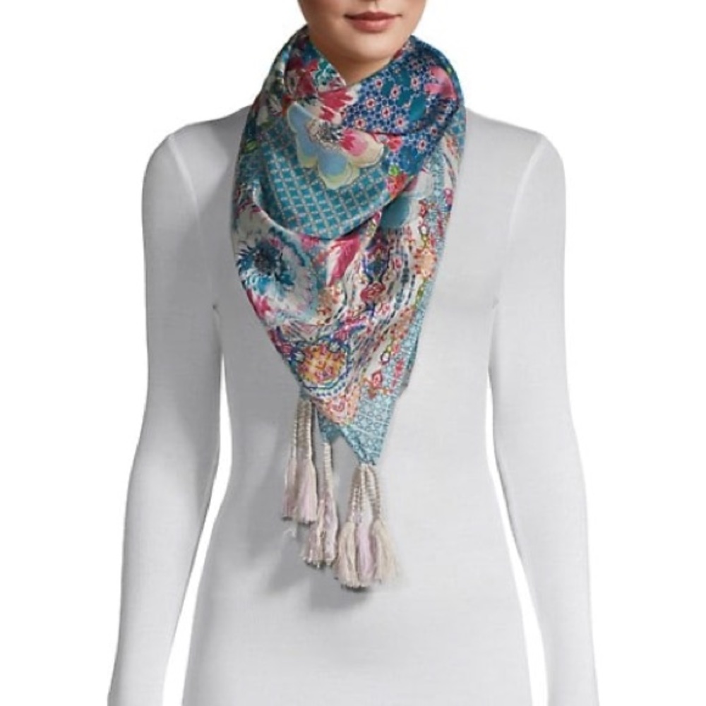 Johnny Was Floral Multi-Color Tassel Triangle Scarf
